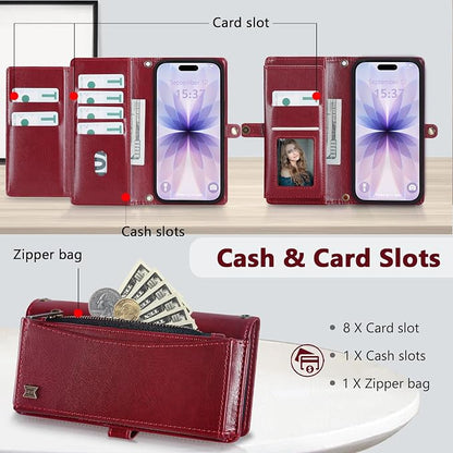 Wallet Case for iPhone 17 with Card Holder/Crossbody Wallet/Strap,[RFID Blocking][Magnetic] PU Leather Phone Case for iPhone 17,6.3 in,Wine Red