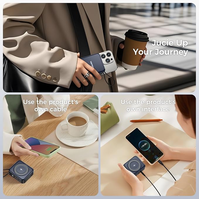 6-in-1 Magnetic Wireless Portable Charger 10000mAh – 22.5W Fast Charging with AC Wall Plug Built-in USB-C & Lightning Cables for iPhone 17/16/15/14/13/12, Android & Samsung(Deep Blue)