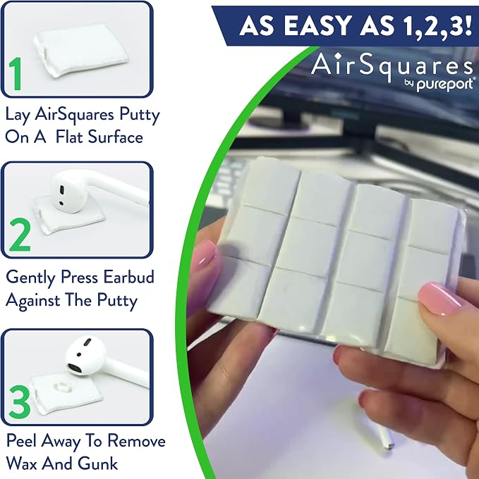 AirSquares Earbud Cleaning Putty, The Original Cleaner Kit Compatible with Airpods, Earbuds & Tech Devices | Easily Remove Wax, Dirt & Gunk from Your Devices | Featured on NBC's Today Show (12 Pack)