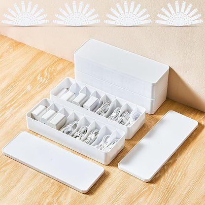 Tatuo 4 Pcs Cord Organizer for Drawer Desktop, Cable Organizer Box with 8 Compartments and Wire Ties, Plastic Charger Storage with Lid, Electronics Case for Home Office Accessories (Small,White)