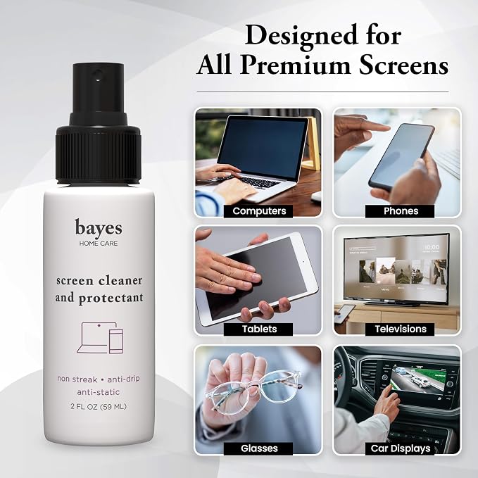 Bayes Electronic Screen Cleaner Spray Kit with Premium Microfiber Cloth - TV Screen Cleaner for Smart TV, LCD, LED, OLED - Tablet, Phone and Computer Screen Cleaner for Car Display - 2 oz, 2 Pack