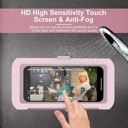 URROY Shower Phone Holder Waterproof, 360° Rotation Shower Phone Case, Anti-Fog High Sensitivity Universal Cover Mount Stand for Bathroom Wall Mirror Bathtub Kitchen, Gift for Men Women Pink