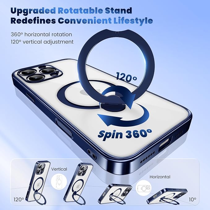 GolbinBox for iPhone 16 Pro Max Case with 360° Spin Magnetic Stand,[Compatible with Magsafe] [Military Protection][Built-in Ring Holder] Camera Control Phone Case for 16 Pro Max,Dark Blue/Clear