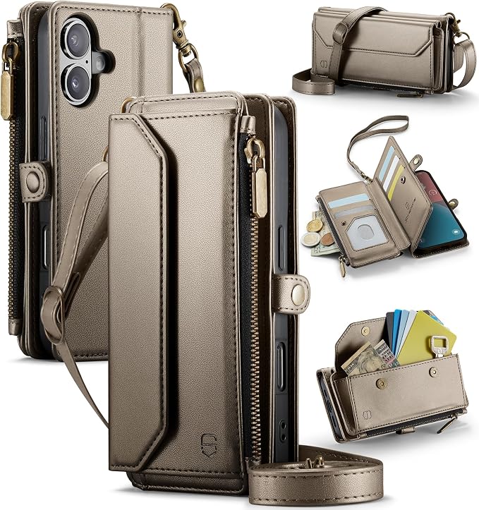 Strapurs Wallet Case Compatible with iPhone 16 6.1" RFID Blocking 7-Card Holder PU Leather Magnetic Snap Shoulder Strap Zipper Pocket Phone Case Fit for iPhone 16 for Women - Desert Titanium