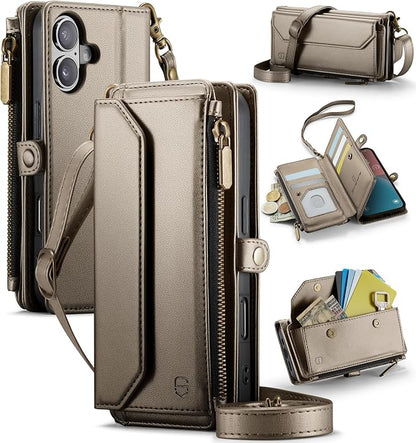 Strapurs Wallet Case Compatible with iPhone 16 6.1" RFID Blocking 7-Card Holder PU Leather Magnetic Snap Shoulder Strap Zipper Pocket Phone Case Fit for iPhone 16 for Women - Desert Titanium