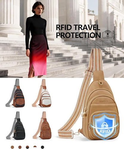 Anti Theft Crossbody Bags for Women, RFID Vegan Leather Sling Purse for Travel, Chest Bag, Cross Body Purses & Fanny Packs(Camel) | Multi-Pocket, 8 RFID Card Slots, Structured bag, Quilted Design