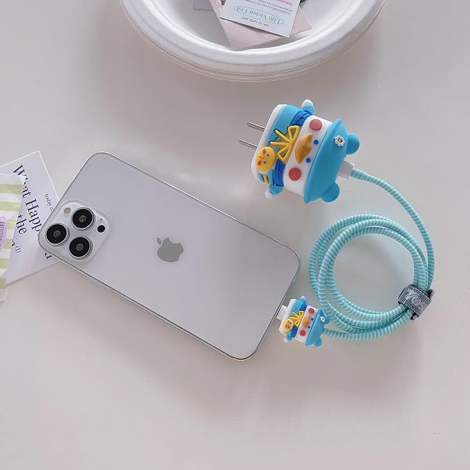 3D Cute Cartoon Charger Protector Case - Compatible for Apple 20W USB-C Power Adapter and Lightning Cable (Hat Duck)
