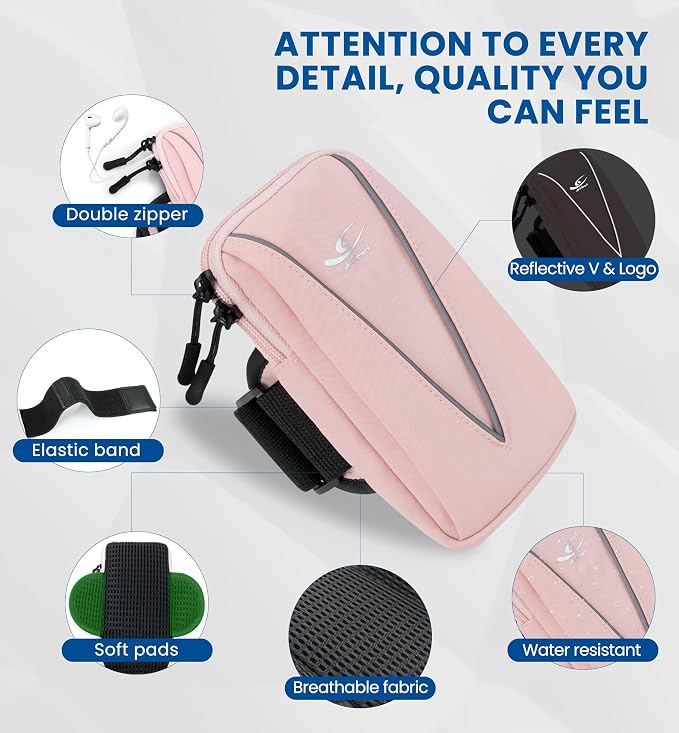 HiRui Cell Phone Holder Arm Bag & Wrist Bag for Phone, Sports Running Armband for Gym & Cycling, Compatible with iPhone 17/17Pro/Plus/16/15 Samsung Galaxy All Phones, Reflective & Adjustable (Pink)