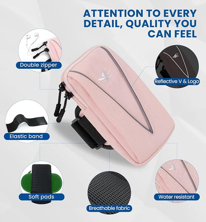 HiRui Cell Phone Holder Arm Bag & Wrist Bag for Phone, Sports Running Armband for Gym & Cycling, Compatible with iPhone 17/17Pro/Plus/16/15 Samsung Galaxy All Phones, Reflective & Adjustable (Pink)