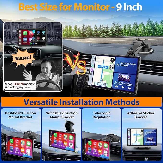 9 inch Carplay Screen for Wireless Apple Carplay & Android Auto, Car Tablet with 4K Dash Cam, 1080P Backup Camera, Bluetooth, Navigation, Mirror Link, Voice Control Car Play Screen