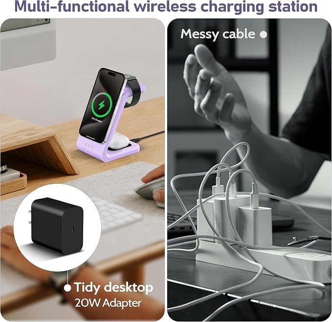 3 in 1 Wireless Charging Station: 5000mAh Removable Power Bank Charger Stand for Phone/Watch/Air Pods - Portable Magnetic Battery Pack for Air 17 16 15 14 13 12 Series Purple