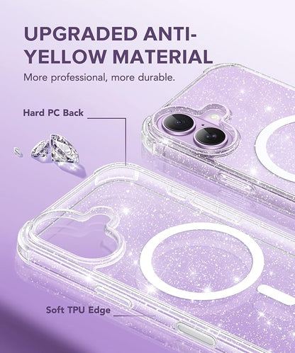 BERFY for iPhone 17 Case for Women, Clear Glitter Shockproof Protective Case, Anti-Yellowing, with Screen Protector & Camera Lens Protector 6.3", Magnetic Sparkle Clear