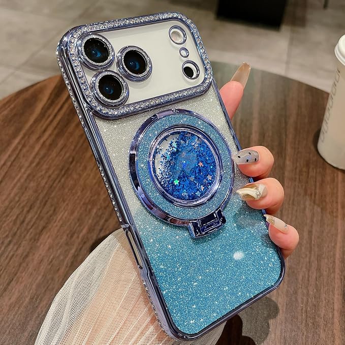 Glitter Kickstand Case for iPhone 17 Pro Max,Cute Bling Sparkly Diamond Rhinestones with Camera Lens Protector Liquid Flowing Ring Stand TPU Bumper Women Girls Case for iPhone 17 Pro Max,Blue