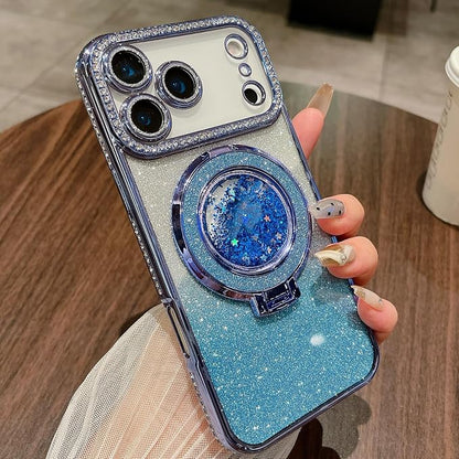 Glitter Kickstand Case for iPhone 17 Pro Max,Cute Bling Sparkly Diamond Rhinestones with Camera Lens Protector Liquid Flowing Ring Stand TPU Bumper Women Girls Case for iPhone 17 Pro Max,Blue