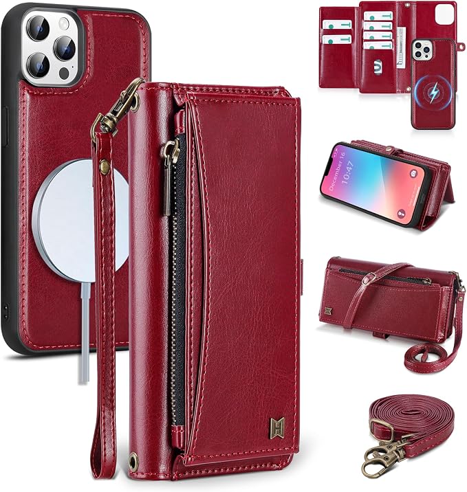 Wallet Case for iPhone 13 Pro Max with Card Holder/Crossbody Wallet/Strap| RFID Blocking | Magnetic | Kickstand | Detachable | PU Leather Phone Case for iPhone 13 Pro Max,6.7 in,Wine Red