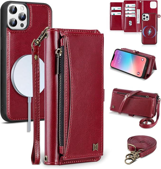Wallet Case for iPhone 13 Pro Max with Card Holder/Crossbody Wallet/Strap| RFID Blocking | Magnetic | Kickstand | Detachable | PU Leather Phone Case for iPhone 13 Pro Max,6.7 in,Wine Red