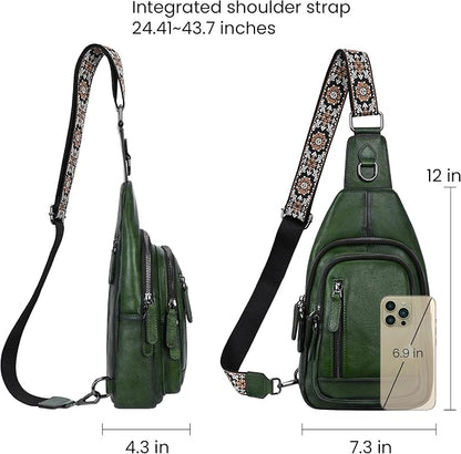 HESHE Leather Sling Bag for Women Crossbody Bags with Multi-Pocket Stylish Fanny Packs for Travel Chest Bag