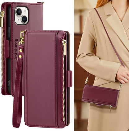 Antsturdy Compatible with iPhone 15 Wallet Case for Women【RFID Blocking】 Crossbody Phone Case PU Leather Zipper Wrist Strap Flip Protective Cover Credit Card Holder Slots,for Apple 15 6.1",Wine Red
