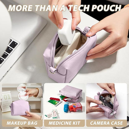 Small Tech Pouch, Waterproof Electronics Travel Case with Carabiner, Compact Cable Organizer Bags & Cases for Chargers, Power Banks, Hard Drives, Earbuds, Cords and Digital Accessories (Purple)