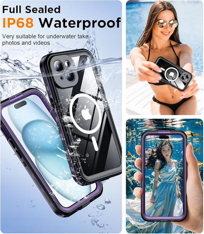 Temdan Magnetic for iPhone 15 Case Waterproof,Built-in Screen Protector[IP68 Underwater][Upgrade Military Dropproof][Compatible with MagSafe] Full Body Shockproof Translucent Case 6.1''-Purple