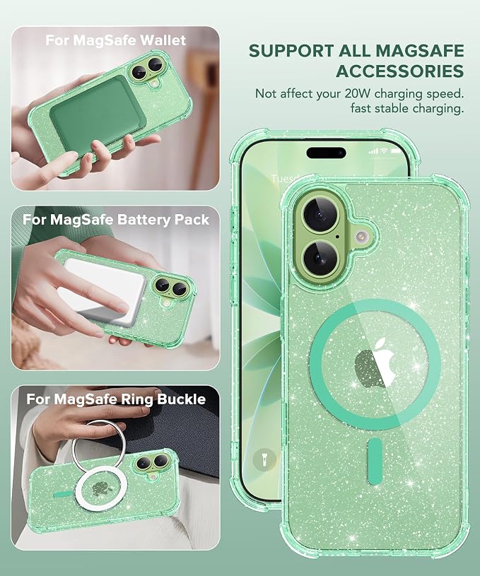 BERFY for iPhone 17 Case for Women, Clear Glitter Shockproof Protective Case, Anti-Yellowing, with Screen Protector & Camera Lens Protector 6.3", Magnetic Sparkle Green