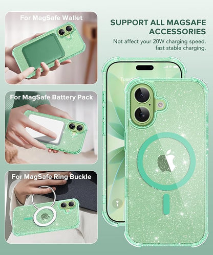 BERFY for iPhone 17 Case for Women, Clear Glitter Shockproof Protective Case, Anti-Yellowing, with Screen Protector & Camera Lens Protector 6.3", Magnetic Sparkle Green