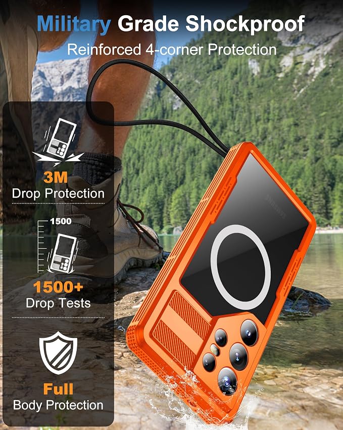 for Samsung Galaxy S26 Ultra Waterproof Case, [Fit for Magsafe] [IP68 Water Proof] [Built-in Screen Protector], Magnetic Heavy Duty Military Grade Rugged Phone Case for S 26 Ultra 6.9", Orange