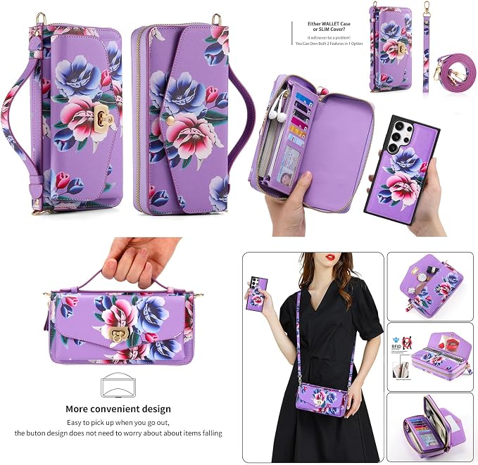 LITOU Compatible for Samsung Galaxy S26 Ultra Crossbody Phone Case,Detachable Magnetic,Card Holder,Zipper Leather Wallet Wrist Lanyard Strap Case for Women Men.PurpleFlower