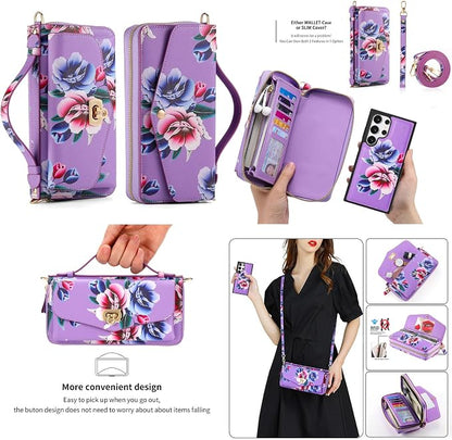 LITOU Compatible for Samsung Galaxy S26 Ultra Crossbody Phone Case,Detachable Magnetic,Card Holder,Zipper Leather Wallet Wrist Lanyard Strap Case for Women Men.PurpleFlower