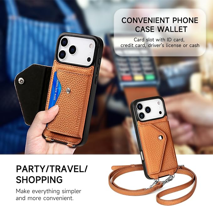 LUCKYCOIN for iPhone 17 Pro Max Crossbody Wallet Case – Genuine Leather Phone Purse with Adjustable Strap and Card Holder,Lanyard Phone Purse Case for Women,Pebble Grain Brown