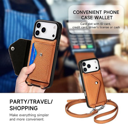 LUCKYCOIN for iPhone 17 Pro Max Crossbody Wallet Case – Genuine Leather Phone Purse with Adjustable Strap and Card Holder,Lanyard Phone Purse Case for Women,Pebble Grain Brown
