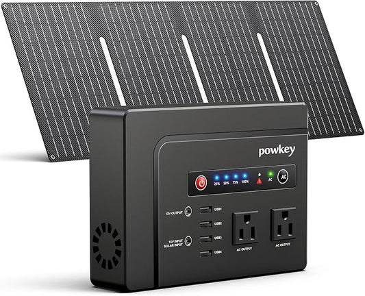 powkey Solar Powered Generator, 200W Portable Power Station with Solar Panels 40W, 146Wh Power Bank with 2 AC Outlet 110V Pure Sine Wave for Outdoor Camping Emergency Home