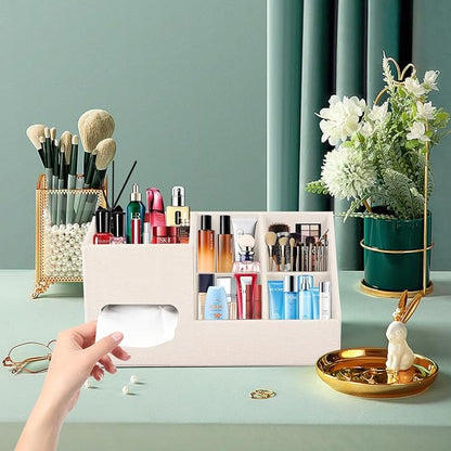 Plus Size Tissue Box Cover-Square Linen Tissue Cover with Side Storage and Tray,Modern Makeup Organizer,Leather Tissue Holder Decorative Cube Organizer for Living Room Vanity NightStand Office,Beige