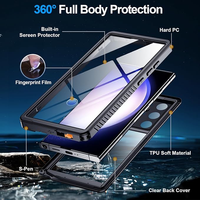 MOZOTER for Samsung Galaxy S23 Ultra Case Waterproof,[IPX8 Underwater Case][Full Body Shockproof & Military Dropproof]Clear Sound Quality Built-in Screen Protector for Samsung S23 Ultra 6.8 inch-Black