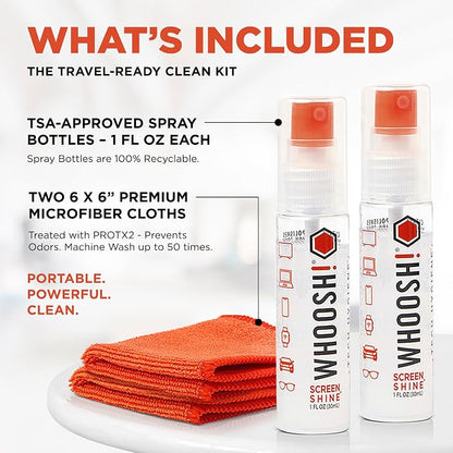 WHOOSH! Screen Shine Go 2-Pack – Two 1 fl oz Refillable Touchscreen Cleaners with Microfiber Cloths for Car, iPad, Laptop and Eyeglasses – Powerful Streak-Free Cleaning – Pocket-Sized, TSA-Approved