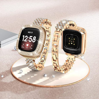 Bling Watch Band Compatible with Fitbit Versa 4/ Fitbit Sense 2 for Women, Adjustable Crystal Alloy Strap Rhinestone Stainless Steel Metal Wristband Replacement for Fitbit Sense2/Versa 4(Rose Gold)
