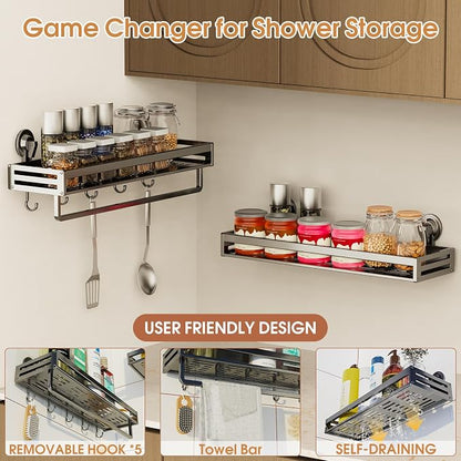 Shower Caddy Suction Cup, 15.7 inch 2 Pack Suction Shower Shelf with Hooks NO-Drilling Bathroom Holder, Rustproof Bathroom Organizer, Includes 2 Extra Suction Cups, Dark Grey
