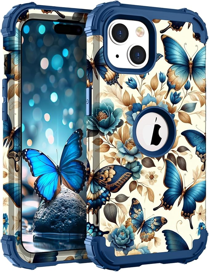 Hocase for iPhone 15 Plus Case, Heavy Duty Shockproof Protection Soft Silicone Rubber Bumper+Hard Plastic Hybrid Protective Case for iPhone 15 Plus 6.7" 2023 - Blue Butterflies