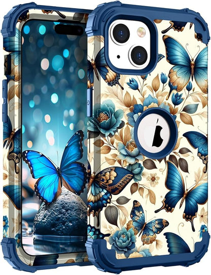 Hocase for iPhone 15 Plus Case, Heavy Duty Shockproof Protection Soft Silicone Rubber Bumper+Hard Plastic Hybrid Protective Case for iPhone 15 Plus 6.7" 2023 - Blue Butterflies