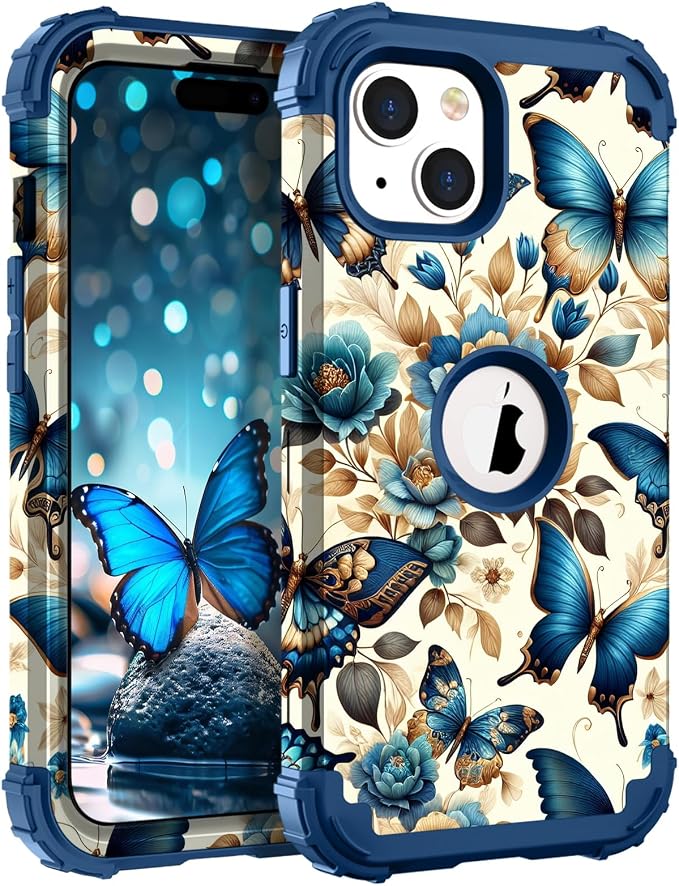 Hocase for iPhone 15 Case, Heavy Duty Shockproof Protection Soft Silicone Rubber Bumper+Hard Plastic Hybrid Protective Case for iPhone 15 (6.1" Display) 2023 - Blue Butterflies