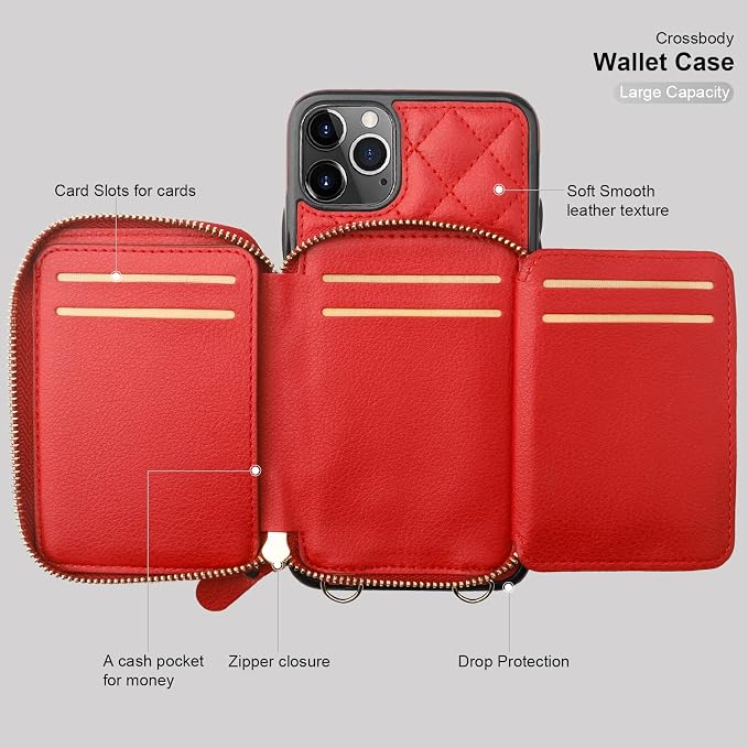 Bocasal Crossbody Wallet Case for iPhone 11 Pro Max, RFID Blocking PU Leather Zipper Handbag Purse Flip Cover, Kickstand Folio Case with Card Slots Holder Wrist Strap Lanyard 6.5 Inch (Red)