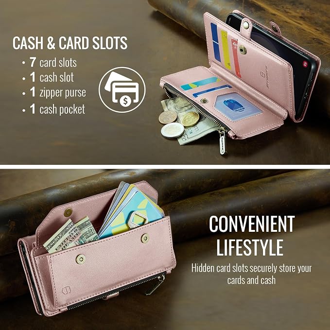 Strapurs Crossbody Wallet Case Compatible with Samsung Galaxy S22 5G RFID Blocking Card Holder Soft PU Leather Magnetic Snap Shoulder Strap Zipper Pocket Phone Case Fit for Galaxy S22 6.1" - Rose Gold