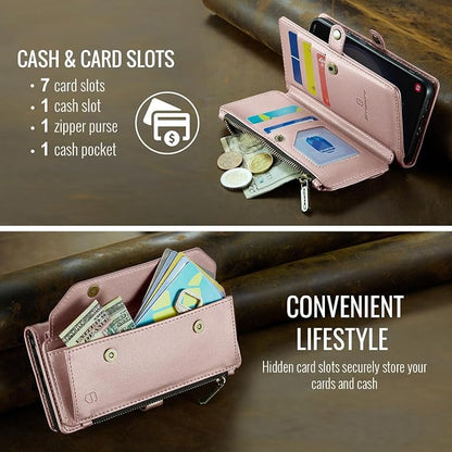Strapurs Crossbody Wallet Case Compatible with Samsung Galaxy S22 5G RFID Blocking Card Holder Soft PU Leather Magnetic Snap Shoulder Strap Zipper Pocket Phone Case Fit for Galaxy S22 6.1" - Rose Gold