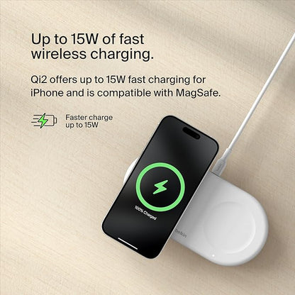 Belkin 2-in-1 Wireless Charging Pad w/ Qi2 15W + Additional USB-C Port - MagSafe-Compatible Charger, Charging Station for iPhone 16 & 15 Series, Samsung Galaxy S25 Series, AirPods, & More - White