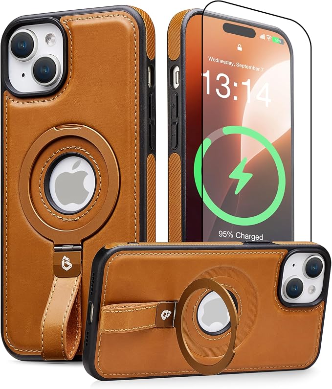 for iPhone 15 Plus/iPhone 14 Plus Leather Case with Stand, Anti-Slip Grip Ring, Fits for MagSafe (Brown, iPhone 15/14 Plus)