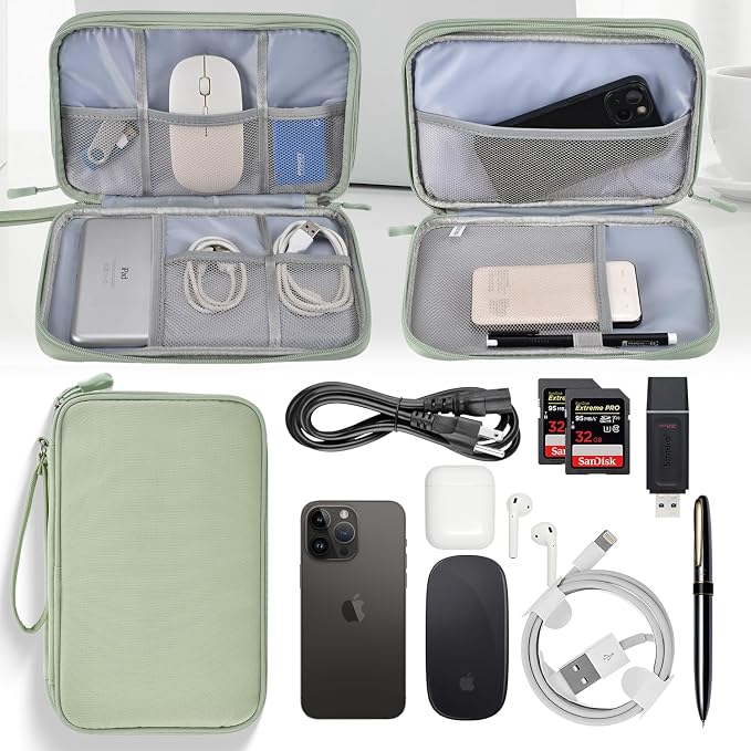 CAAORDKSO Large Electronics Travel Organizer Case, Cable Organizer Bag Water Resistant Double Layers Accessories Storage Bag Tech Pouch, for Cord, Charger, Power Bank, Earphone (Mint Green, X-Large)