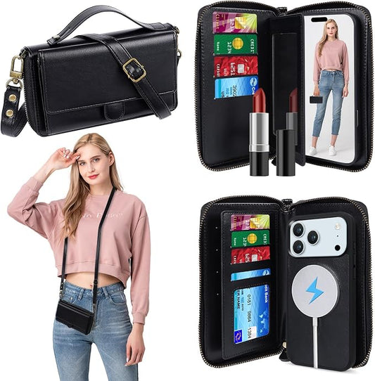 Lacass for iPhone 17 Pro Detachable Crossbody Wallet Case, Compatible with MagSafe Magnetic 2 in 1 RFID Blocking PU Leather Wallet Cover Card Holder Zipper Make Up Mirror (Black)