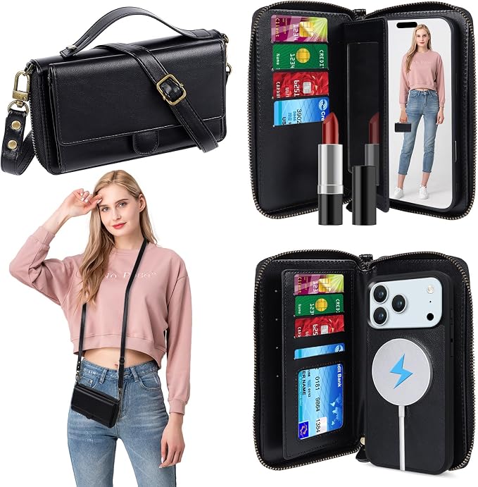 Lacass for iPhone 17 Pro Max Detachable Crossbody Wallet Case, Compatible with MagSafe Magnetic 2 in 1 RFID Blocking PU Leather Wallet Cover Card Holder Zipper Make Up Mirror (Black)