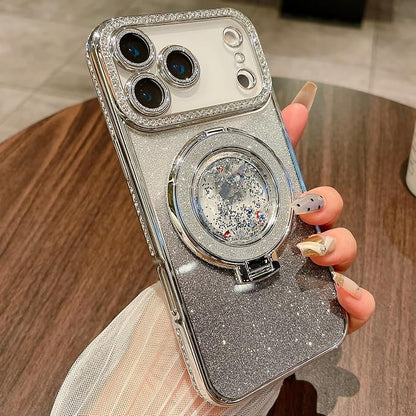 Glitter Kickstand Case for iPhone 17 Pro Max,Cute Bling Sparkly Diamond Rhinestone with Camera Lens Protector Liquid Flowing Ring Stand TPU Bumper Women Girl Case for iPhone 17 Pro Max,Silver