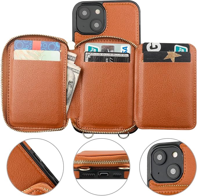 Bocasal RFID Blocking Wallet Case for iPhone 14 Plus, Adjustable Crossbody Zipper Purse Case Card Holder with Kickstand Detachable Wrist Strap, PU Leather Flip Folio Case 6.7 Inch 5G (Brown)